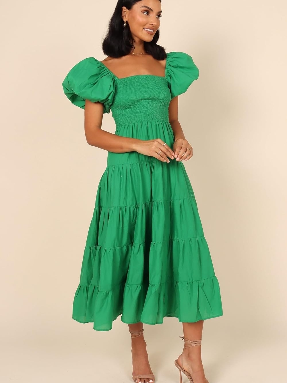 Green Puff Sleeve Tiered Midi Dress - Petal & Pup XS  New With Tag